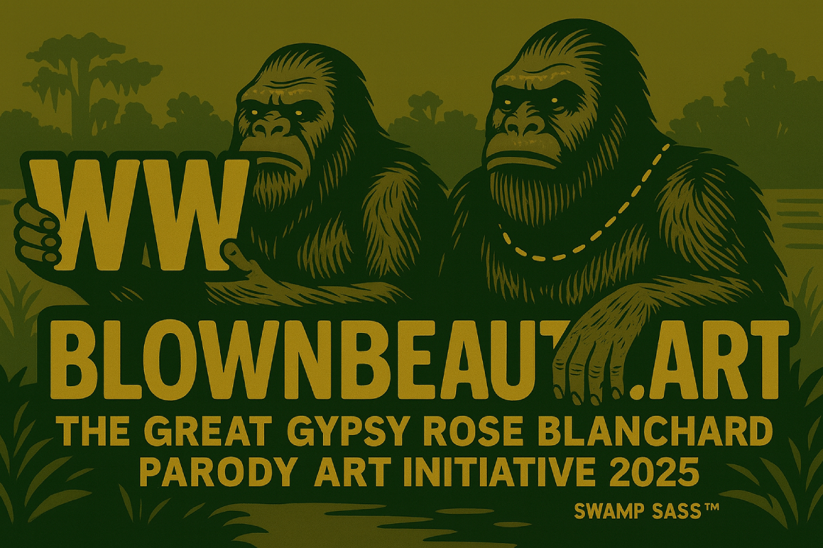 BlownBeauty.art banner with T‑Jon & T‑Boy Rougarou on the porch