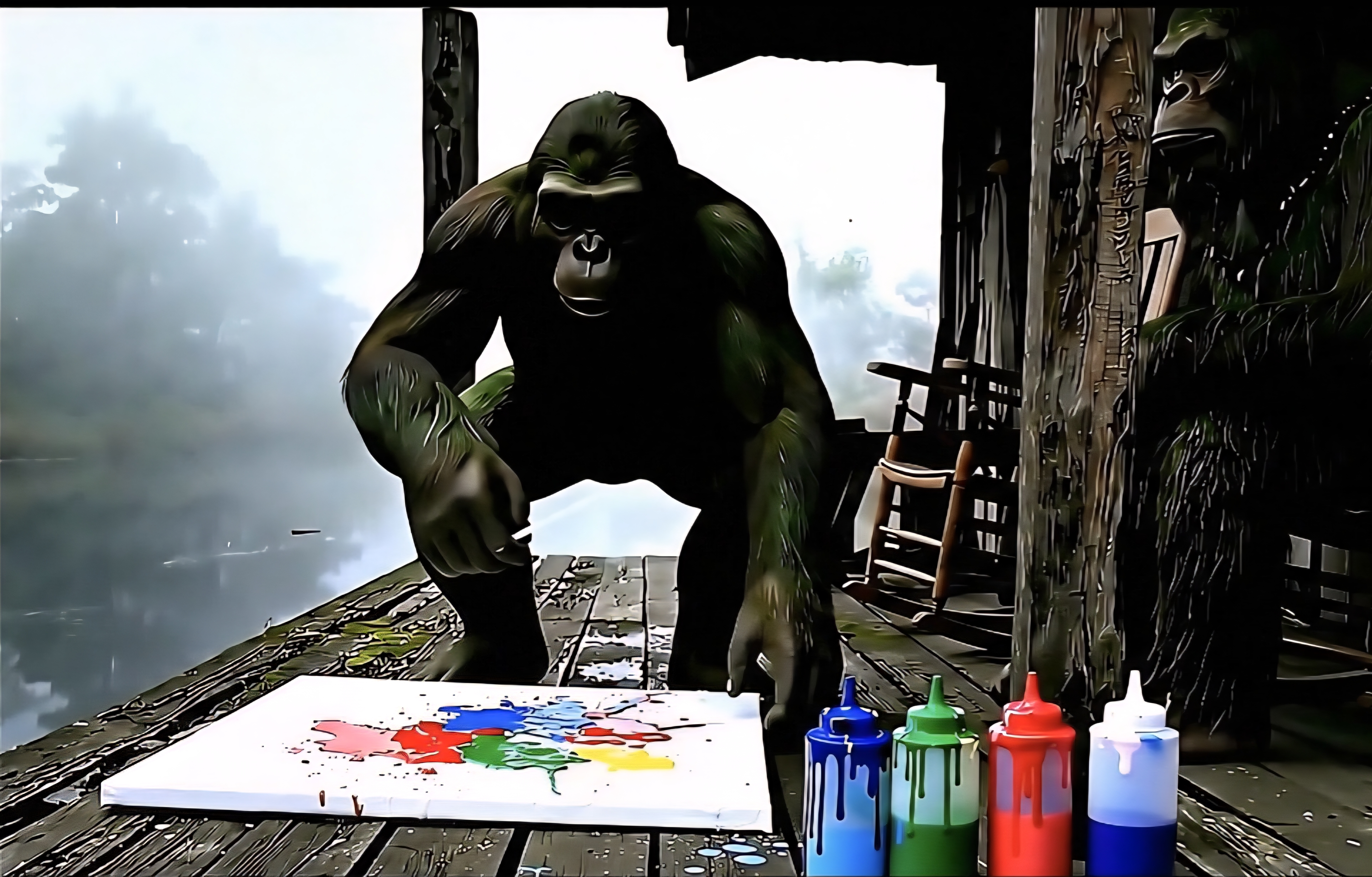 Two rougarous on a porch, one holding a messy splatter canvas